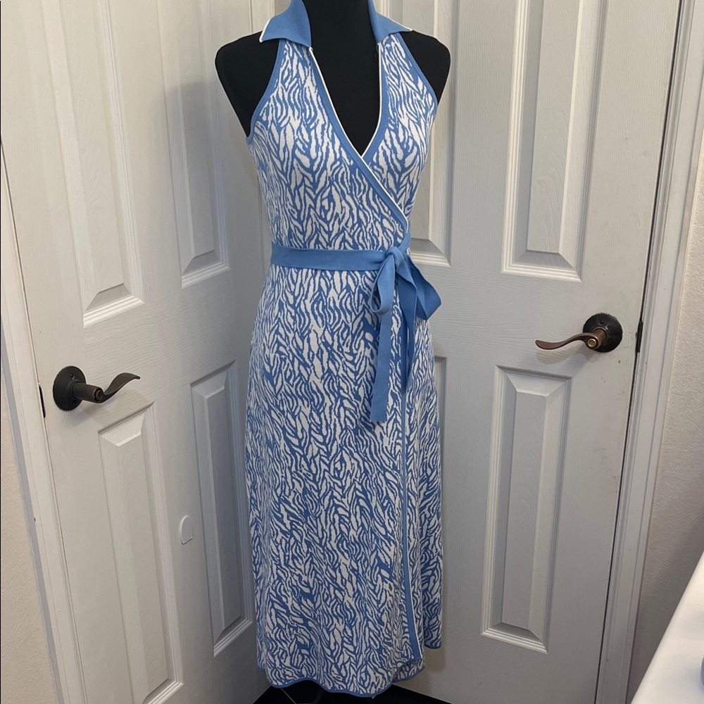 Diane Von Furstenberg Blue and White Knit warp dress.